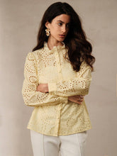 Anewsta Soft Lace Hollow-Out Women's Lantern Sleeve Shirt With Small Stand-Up Collar In Light Yellow